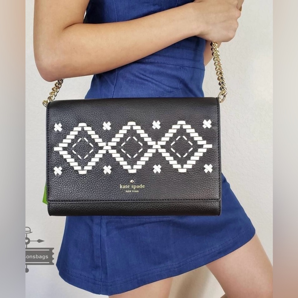 Kate Spade Flynn Street Valencia Crossbody Clutch, Black Leather, 14k Gold Strap